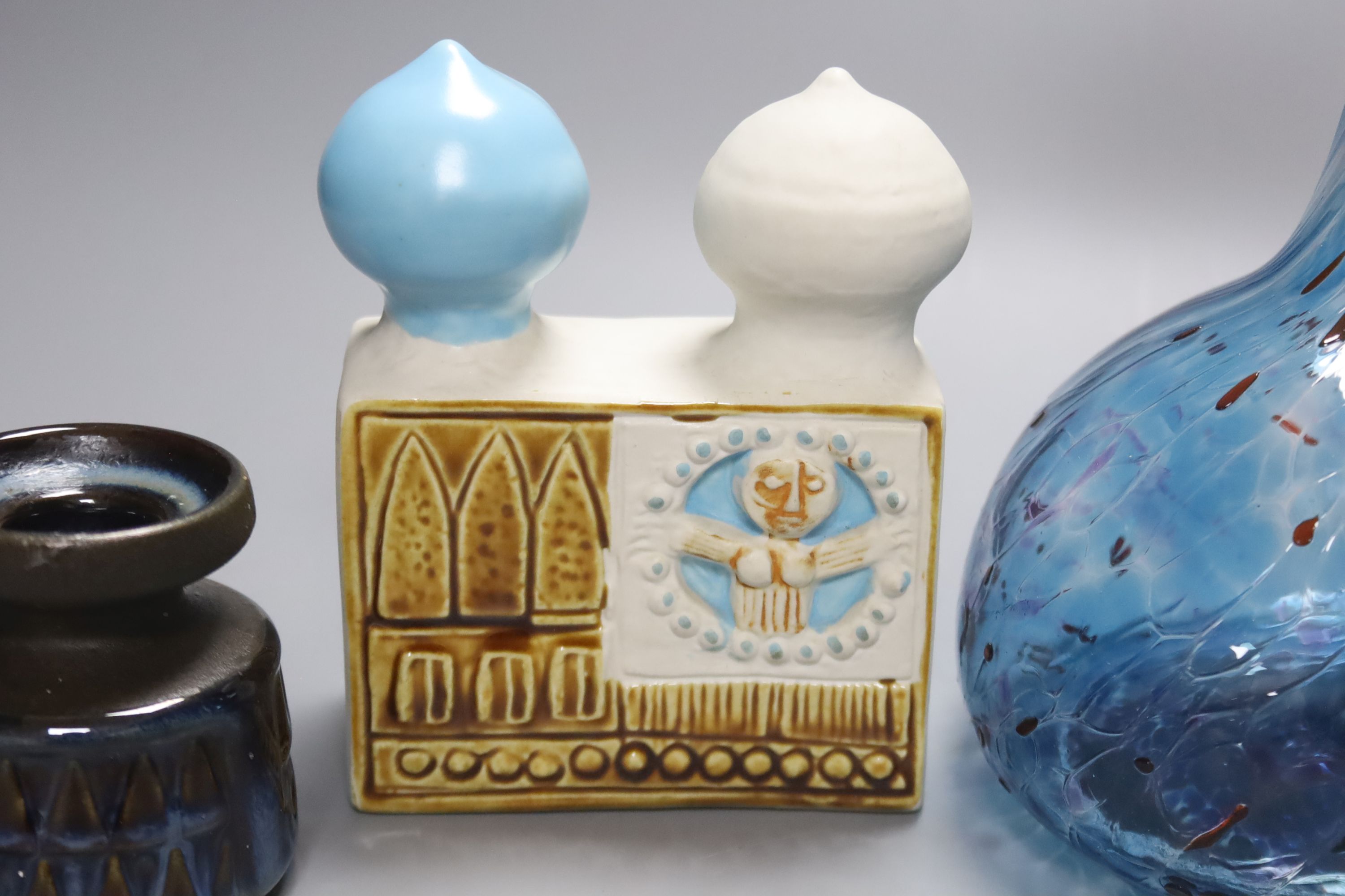 An art glass decanter and stopper, a Gustavsberg Bagdad model and two Scandinavian pots, tallest 25cm